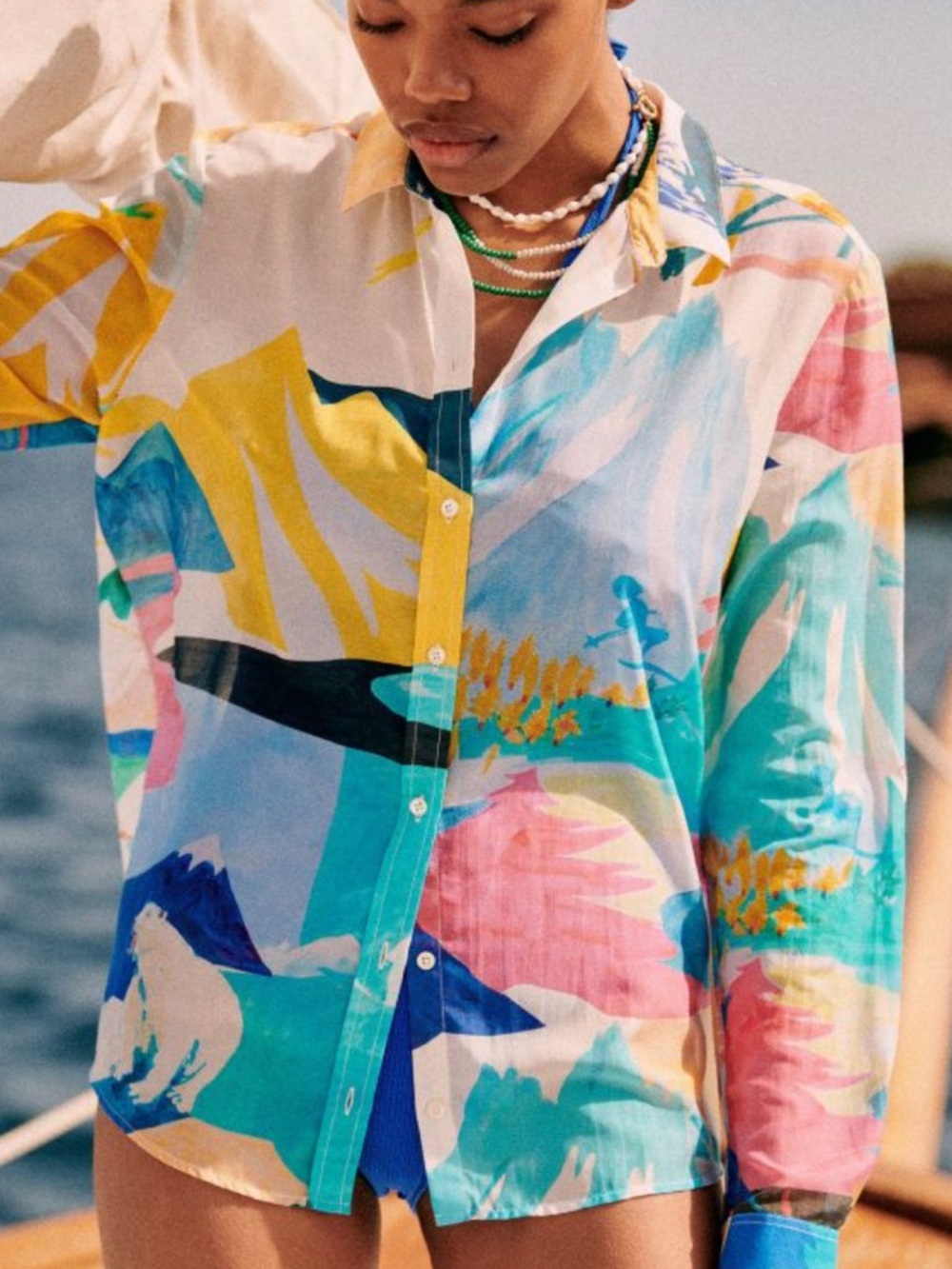 Sezane G.Kero Multicolor Abstract Print Button-Down Shirt - White Base